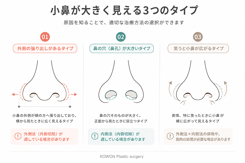 小鼻が大きく見える3つのタイプ(外側の張り出し・鼻の穴が大きい・笑うと広がる)を示す正面比較図