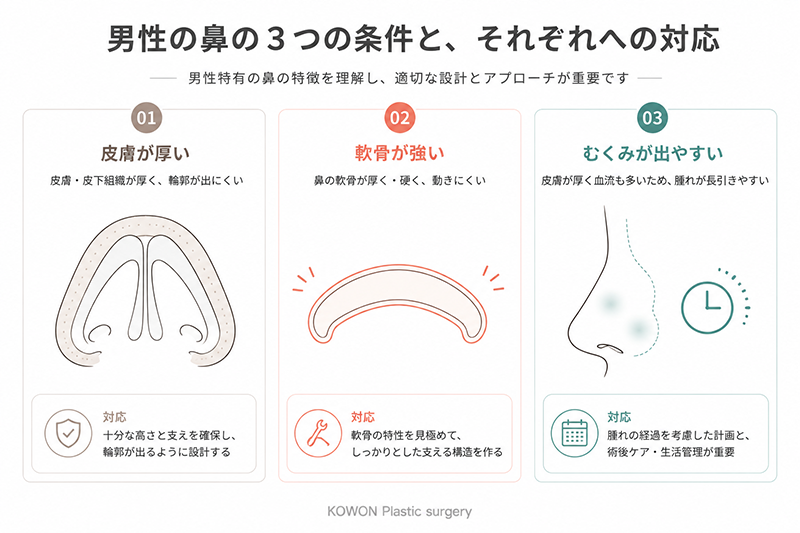 男性の鼻の3つの条件(皮膚が厚い・軟骨が強い・むくみが出やすい)と、それぞれへの対応を示すアイコン図