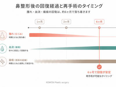 鼻整形後の腫れ・血流・瘢痕の回復経過と、再手術が可能になる6ヶ月のタイミングを示すタイムライン図