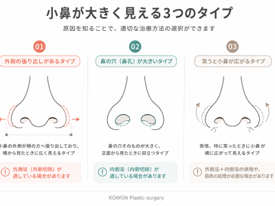 小鼻が大きく見える3つのタイプ(外側の張り出し・鼻の穴が大きい・笑うと広がる)を示す正面比較図