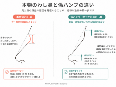 本物のわし鼻と偽ハンプ(鼻先が低いために段差が目立つ)の違いを示す側面シルエット比較図