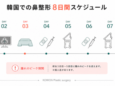 韓国での鼻整形の8日間モデルスケジュール(入国・手術前日・手術・術後ケア・抜糸・帰国)を示すタイムライン図