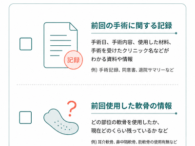 修正手術の相談前に準備しておくとよい項目(前回の手術に関する記録・前回使用した軟骨の情報)を示すチェックリスト図